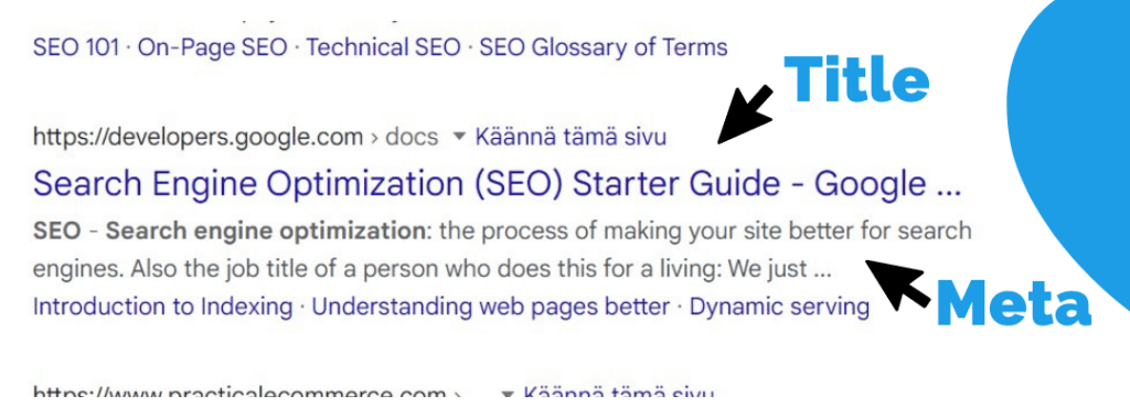 Hakukoneen hakutulokset title ja meta tiedot.